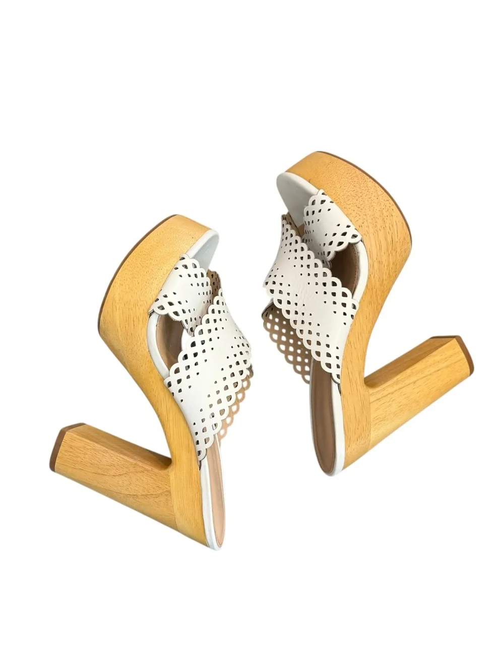 Veronica Beard Gaynor White Scalloped Leather Platform Mule with Wood Heel Clogs